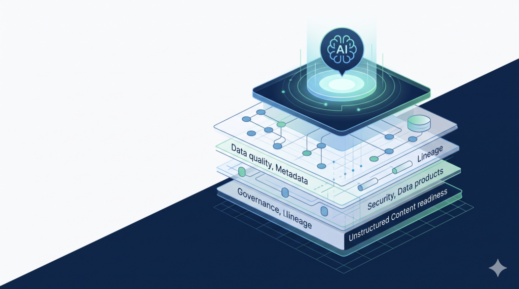 An enterprise AI system built on layered data foundations including quality, governance, metadata, lineage, and data products.